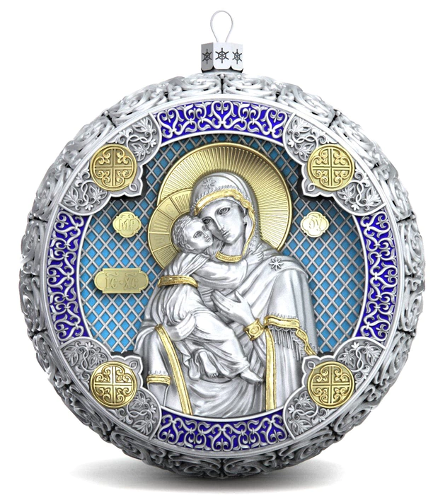 Gift set with balls and icon "Kazan Mother of God" made of silver, 2 balls